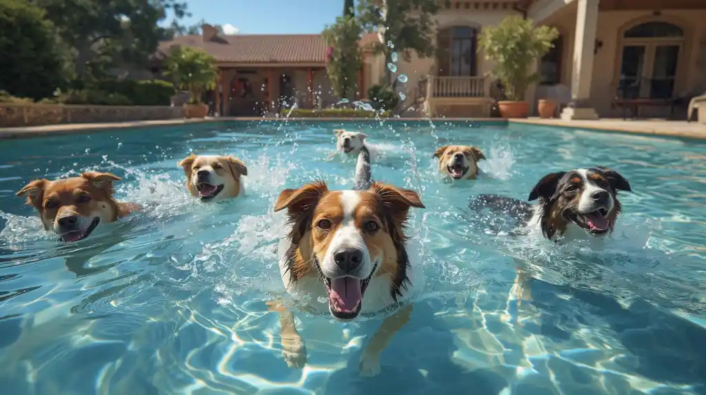 First dog swimming in the thermal outdoor pool Boppard