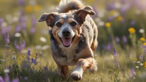 Senior dog running on a meadow