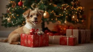 A dog under the Christmas tree