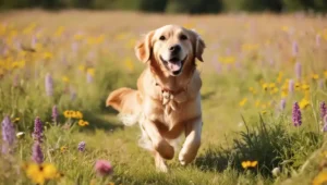 Dog runs through a meadow