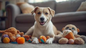 Dog with his dog toy