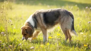 Dog eating grass