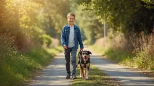 Child and dog on the go