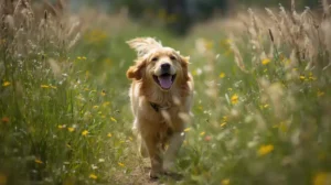 Dog runs across a meadow with tall grass