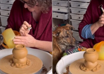 Under the tender eyes of his mistress, this dog places his toy on the potter's wheel and has fun watching it turn (video)