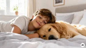 Dog and child sleep together in bed
