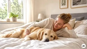 Dog sleeps in bed with his human