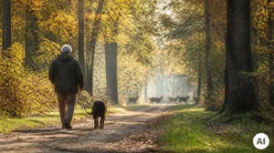 Dog walk in the autumn forest