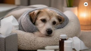 Dog lies in his dog bed with a cold