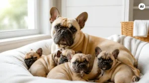 Pug dog with her puppies